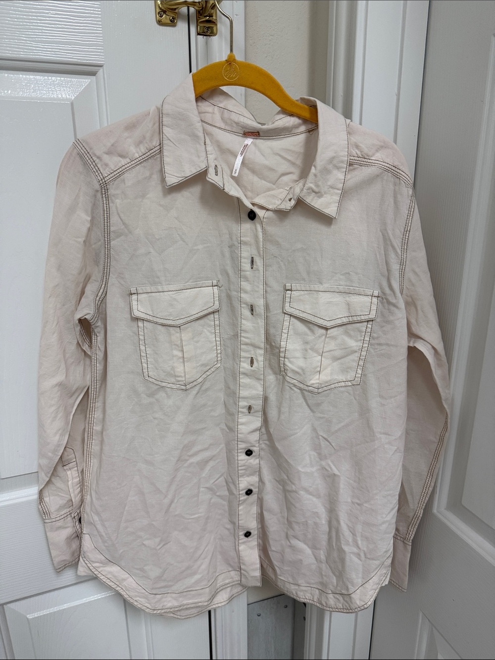 Free People Men's Cream Button-Down Shirt with Contrast Stitching